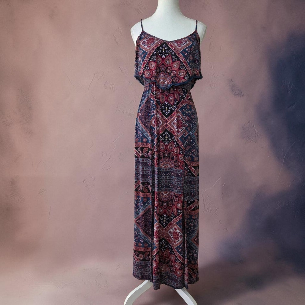 American Eagle Outfitters Boho Patchwork Maxi Dress Navy XXS Double Slit Popover